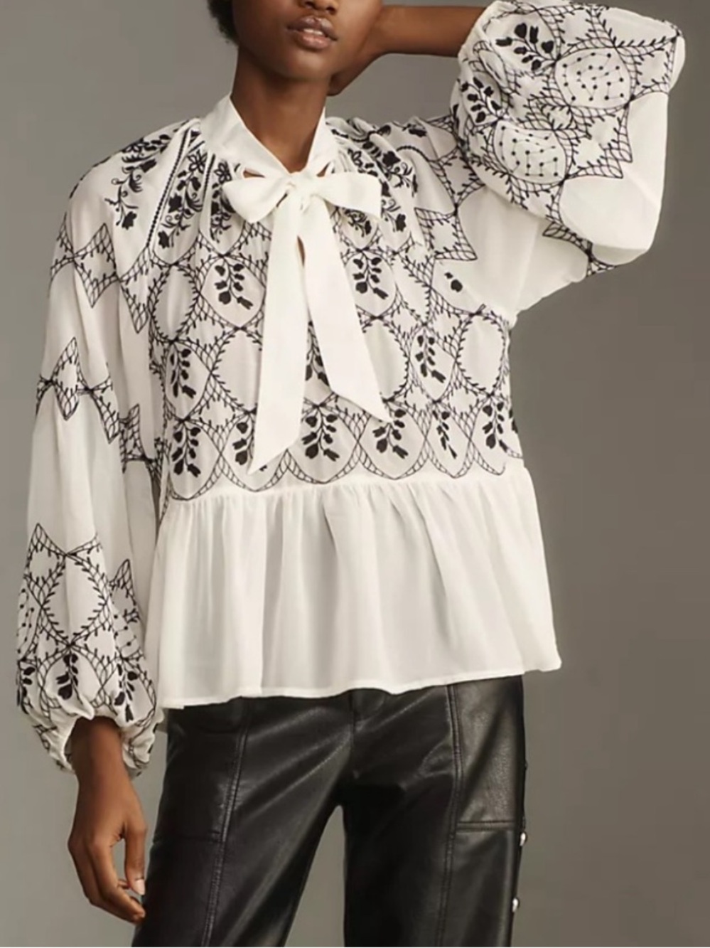 Anthropologie Long-Sleeve Tie-Neck Embroidered Blouse Embroidered Tie-Neck